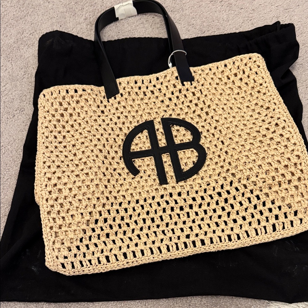 NWT ANINE BING Straw Tote Bag with Black Handles - Beige - Picture 2 of 10